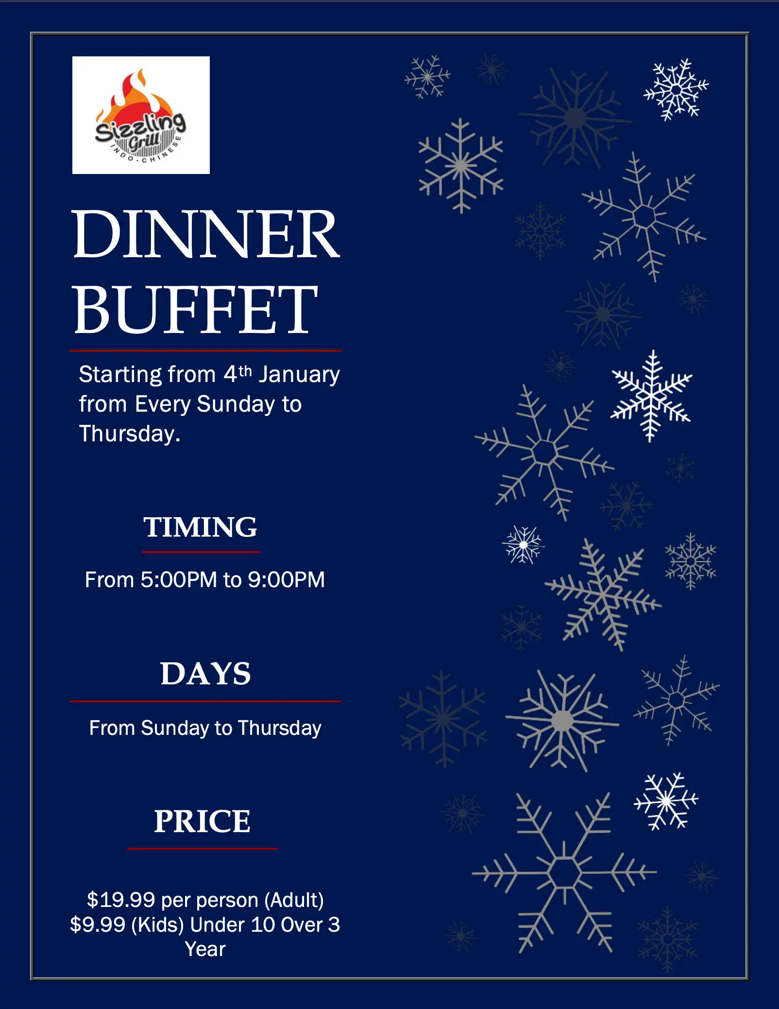 Dinner Buffet at Sizzling Grill Coventry - Sunday to Thursday